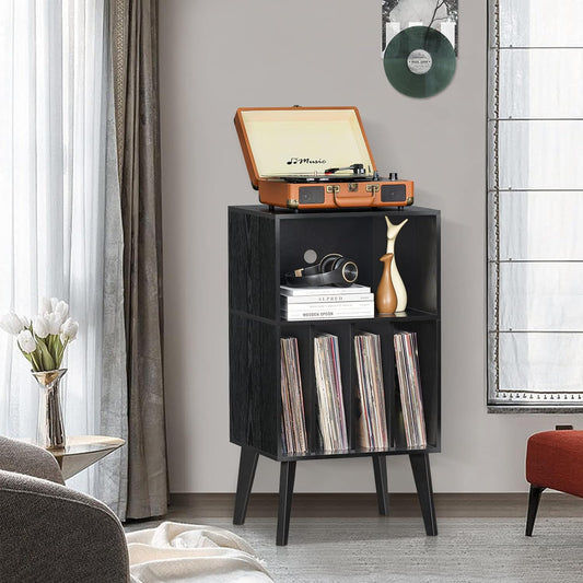 Lerliuo Record Player Stand, Black Turntable Stand Holds up to 160 Albums, Mid-Century Vinyl Storage Cabinet Table with Solid Wood Legs, Record Player Holder Dispaly Shelf for Bedroom Living Room