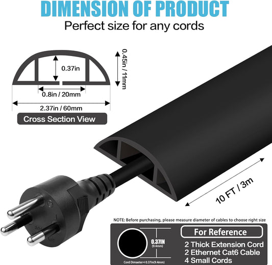 Floor Cord Cover Cavity 0.8"x0.37" Self Adhesive Cord Hider, 10FT Low Profile Cable Management, Extension Strip Protector for Wires, Prevent Cable Trips for Offices, Gyms, Exhibitions(Black)