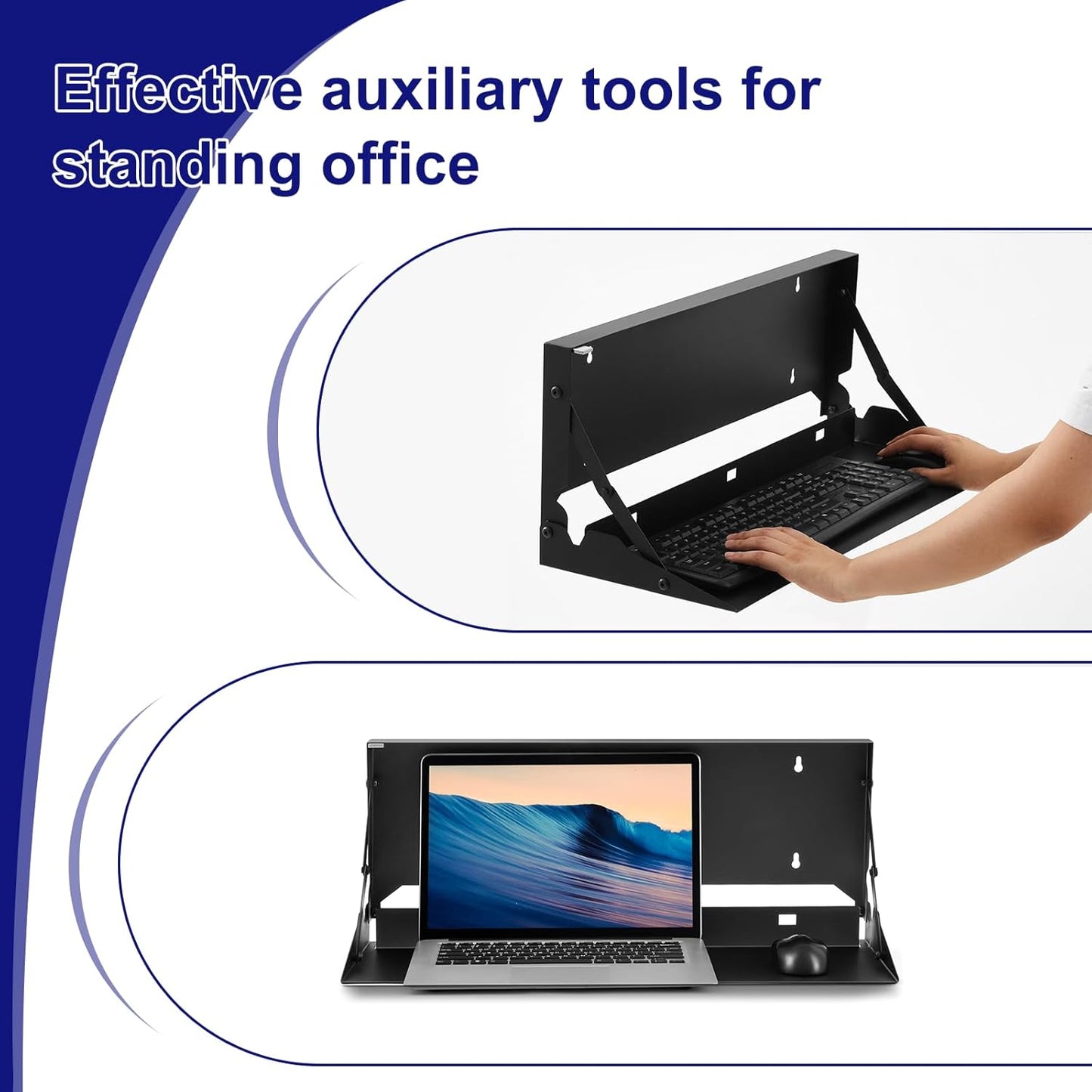 2 Pcs 24 Inch Keyboard Wall Mount Foldable Fits Standard Computer Keyboard Mouse Stand Tray Organizer for Small Offices Apartments, Easy Installation with 4 Screws (Black)