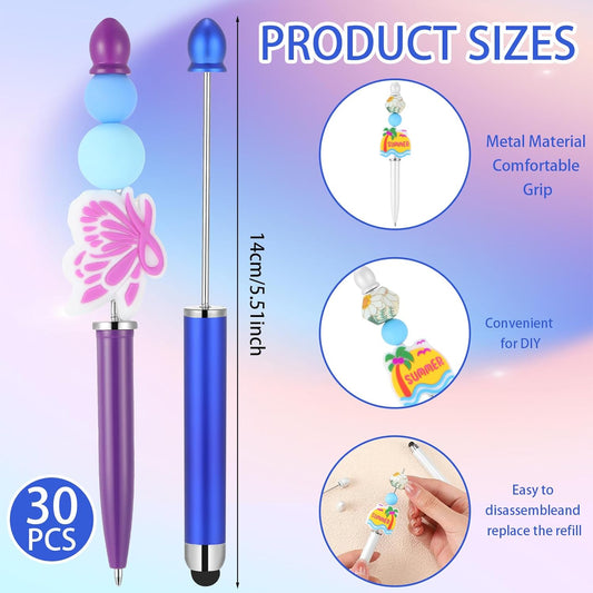 Qilery 30 Pcs Beaded Pens with Stylus Tips Plastic Beaded DIY Stylus 2-in-1 for Rubber Touch Screen Handwriting Ballpoint Pen 1.0mm, Black Ink, Office Supplies(Colorful)