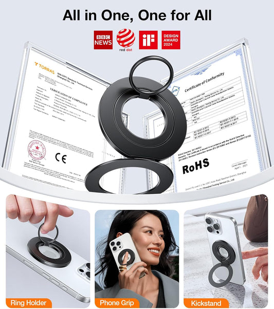 TORRAS 2025 Upgrade (Dual-Ring) Fit for MagSafe Phone Grip Ring Holder Compatible with MagSafe Kickstand Magnetic for iPhone 16/15/14/13/12/11 Samsung, Google Accessories, Black