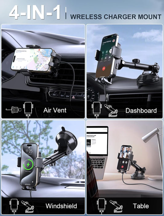 Wireless Car Charger, MOKPR 15W Fast Charging Auto Clamping Dashboard Windshield Air Vent Car Phone Holder Car Charger for iPhone 16 15/14/13/12 Pro Max Plus, Samsung S23/S22/S21,etc