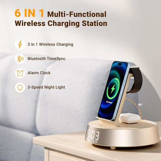 Alarm Clock with Wireless Charging Station, Clock for Bedroom with Dimmable Night Light Bluetooth Speaker, Wireless Charger Dock Station for iPhone 17 16 15 14 13 12 Pro Max, Apple Watch
