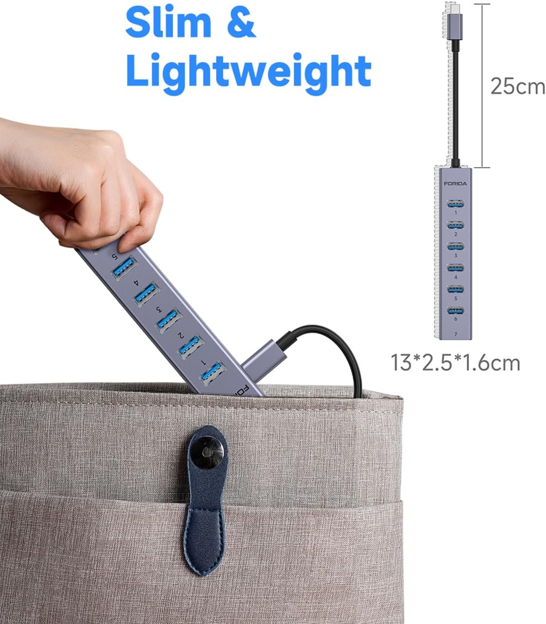 FORIDA USB C to USB Hub, 8 Ports USBC HUB with 7 USB 3.0 Data Ports, Aluminum Alloy Shell USB Splitter with USB C 5V/3A Power Port for Laptop PC and More