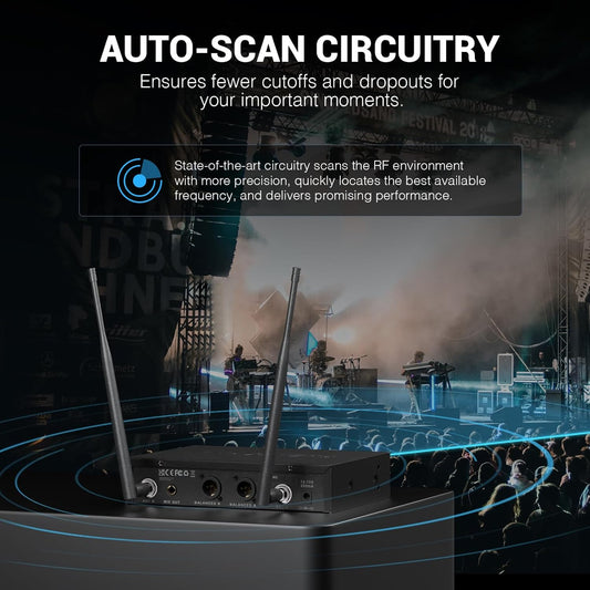 Phenyx Pro Dual UHF Wireless Microphone System,Auto-Scan Cordless Mic Set w/ 2x100 Frequencies, 2 Bodypacks & Headsets/Lapel Microphones for Speaking, Singing, Church, DJ (PTU-71-2B)