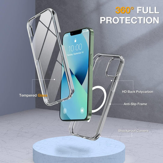 Miracase Glass Series Designed for iPhone 13 Case 6.1 inch, 2023 Upgrade Full-Body Magnetic Clear Case with Built-in 9H Tempered Glass Screen Protector,Compatible with MagSafe,Clear