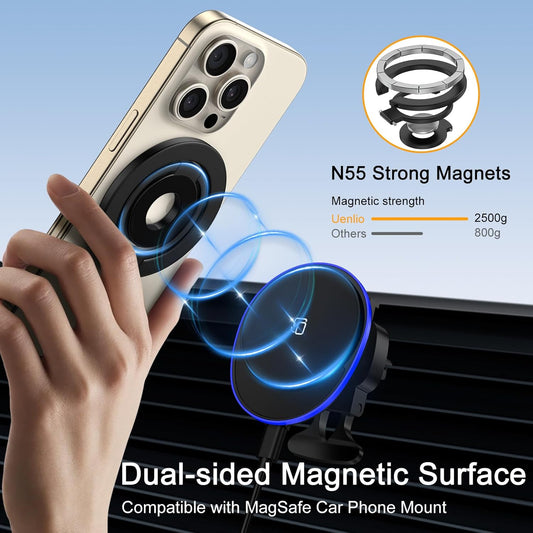 3-Fold Magnetic Phone Ring Holder, Double-Sided MagSafe Phone Grip & Stand, 360° Rotatable Kickstand for iPhone 16/15 Pro Max,14/13/12 Series,for Magnetic Car Mount, with Metal Ring for All Phones