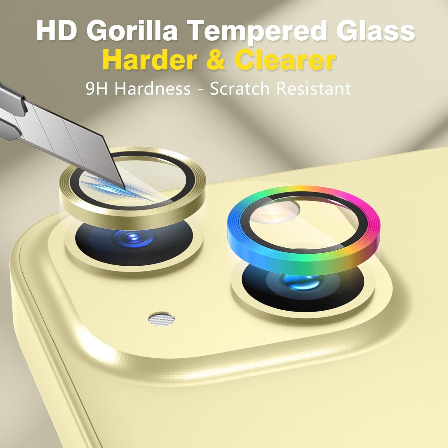 AGVEE 3+3 6 Pack for iPhone 15 6.1" / 15 Plus 6.7" Camera Lens Cover Protector, Metal Ring 9H Tempered HD Glass Camera Cover Protector Film, Yellow