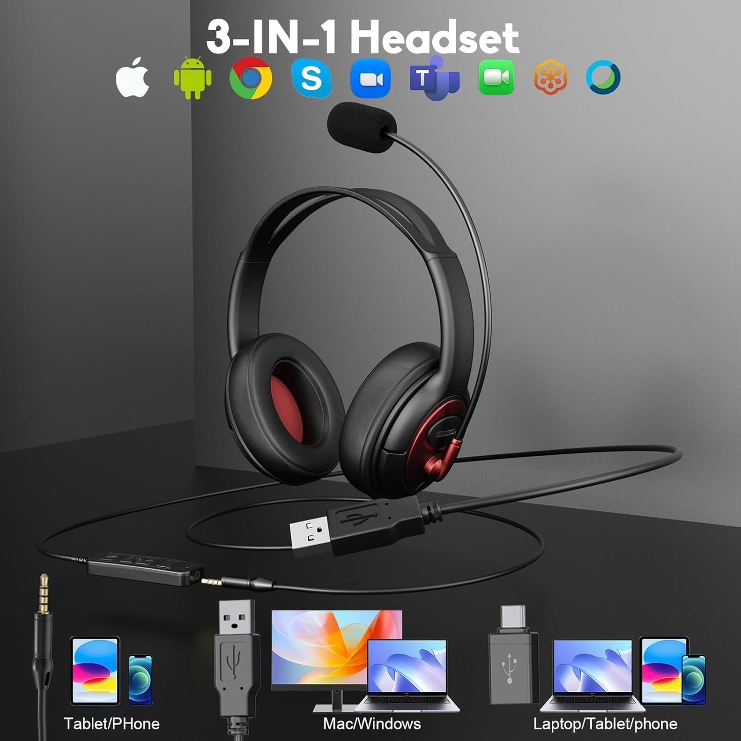 MAIRDI USB Headset with Microphone, Type-C/USB/3.5mm Jack 3-in-1 PC Headset, Computer Headset with Mic Noise Canceling for Teams Call Centers Skype Zoom Home Office Dragon Nuance Dictation