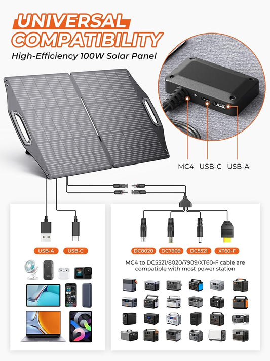 BigBlue 100W Solar Panel w/USB-C(45W PD)+USB-A(Fast Charging 18W) & MC-4 Ports, IP68 Waterproof, Camping Essentials, Folding Portable Solar Charger w/Kickstand for Power Stations, Phones, Tablets