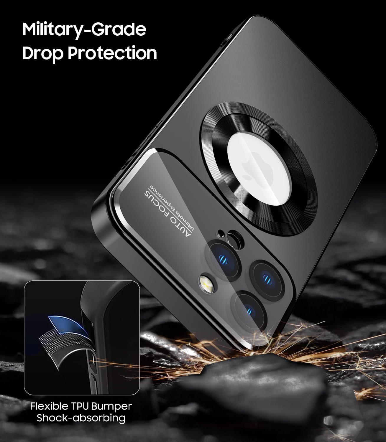 Magnetic for iPhone 13 Pro Case, Built-in Camera Lens Protector, Compatible with MagSafe, Logo View, Military Grade Protective Phone Cover, Black