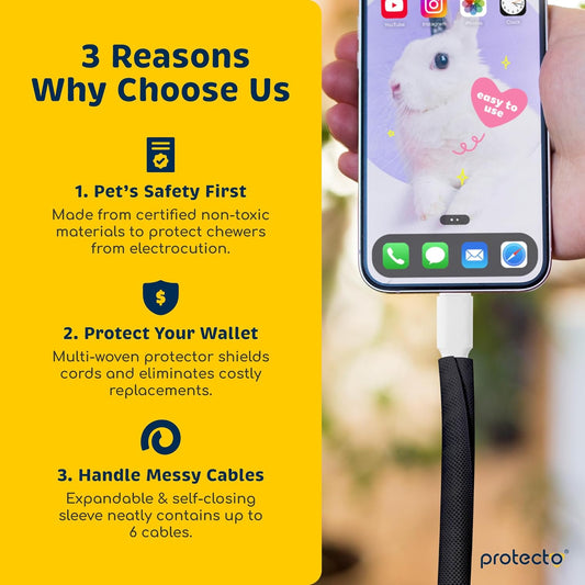 PROTECTO Heavy Duty Dog & Cat Cord Protector 10ft - Easy-to-Use Critter Cord Cover for Pet - Clear Odorless Black Color - No Chew Solution for Power, Audio & Video Wire - Tubing