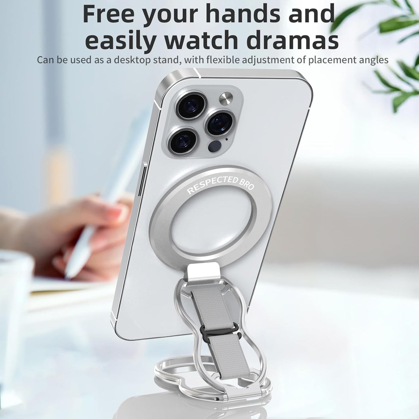 RESPECTED-BRO-Magnetic-Phone-Grip-Stand-with-Finger-Strap, 4-in-1 Magnetic Ring Holder, Kickstand and Elastic Strap for Smartphones, Universal Fit for iPhone, Android, and Cases (Silver)
