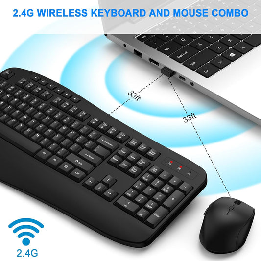 Wireless Keyboard and Mouse Combo, EDJO 2.4G Full-Sized Ergonomic Computer Keyboard with Wrist Rest and 3 Level DPI Adjustable Wireless Mouse for Windows, Mac OS Desktop/Laptop/PC(Classic Black)