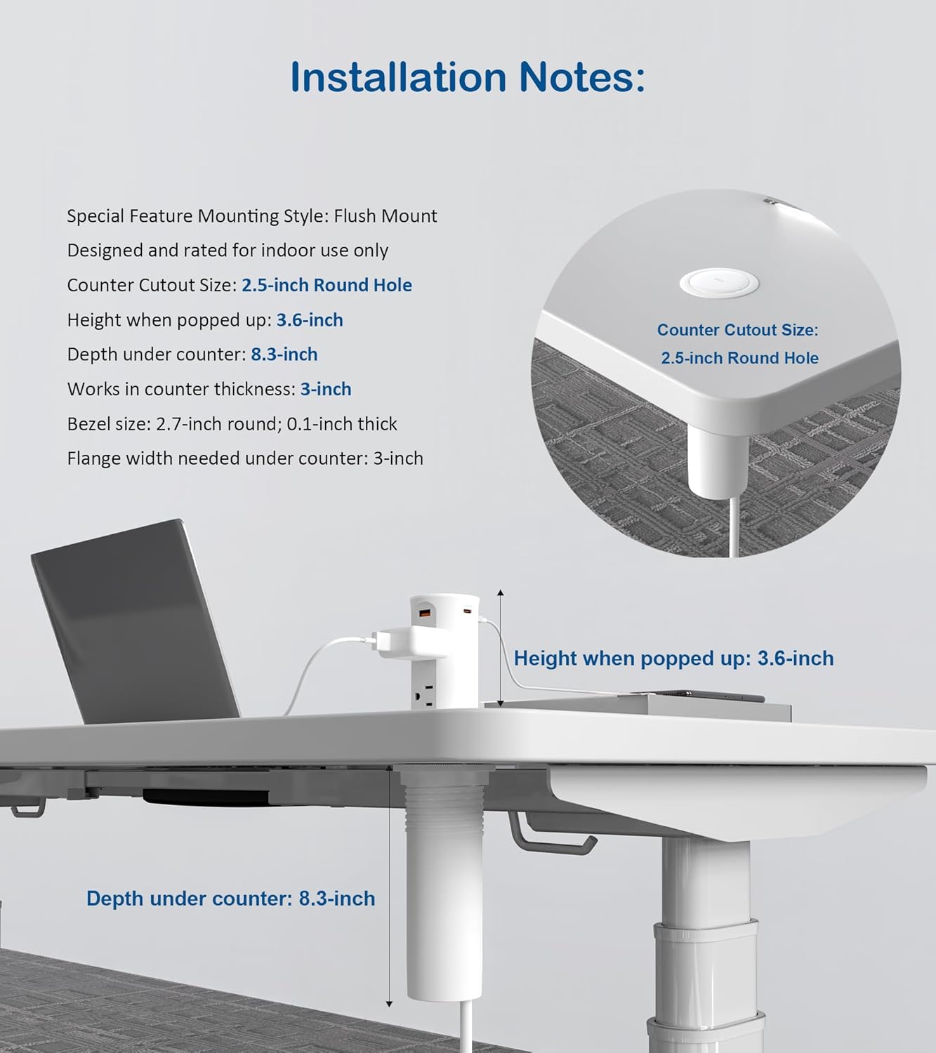 Pop up Outlet for Countertop,2.5-inch Hole Desktop Power Grommet,Recessed Power Strip,20W USB C Fast Charging,4 Outlets 4 USB Ports,15Amp Tamper Resistant Receptacle,White