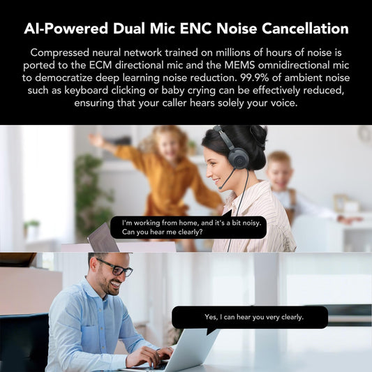 NUROUM HP21 USB Headset with Microphone for PC, AI Noise Cancelling Mic for Work, Wired Headset for Call Center/Office, Mute Button, USB-A/Type-C for Computer/Laptop/Desktop, Compatible w/Zoom/Teams