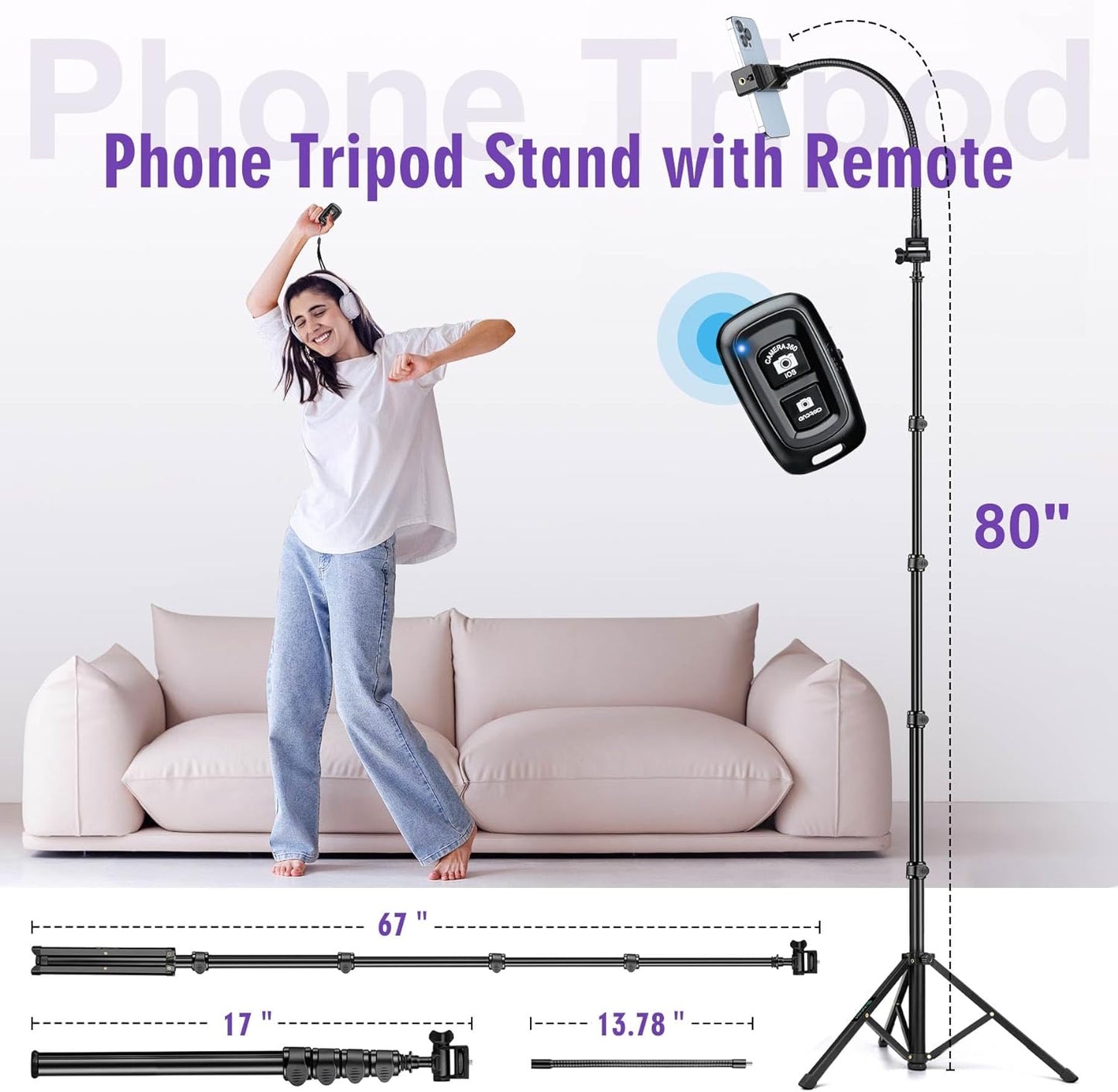 80" Phone Tripod, Selfie Stick Cellphone Tripod, Aluminum Tripods Stand for Video Photo Vlog, Travel Tripods with Gooseneck Remote Phone Holder, Compatible with iPhone Android Smartphone