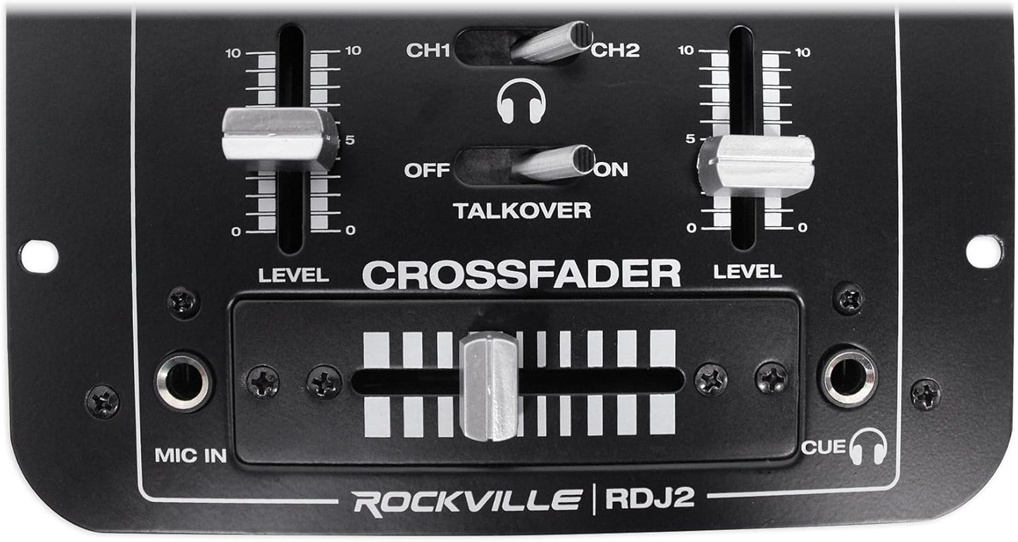 Rockville RDJ2 2-Channel DJ Mixer USB Playback, Cue Monitor, Talkover, 4 Line Inputs, Compact, Portable, for Beginner DJs and Small Events
