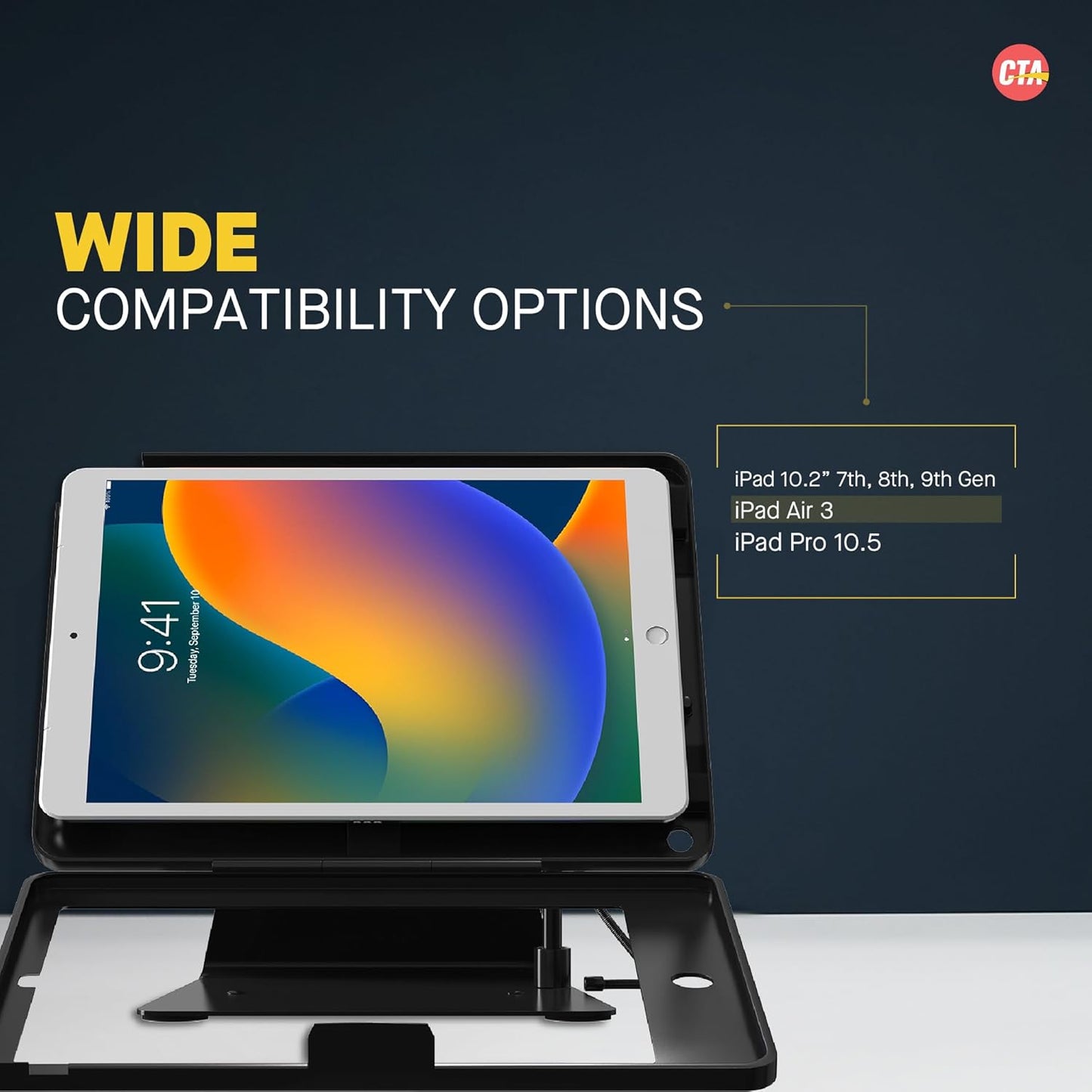 Desktop Anti-Theft Stand – CTA Kiosk Stand with Stylus, Tether, and Aluminum Enclosure for iPad 7th/ 8th/ 9th Gen 10.2,” iPad Air 3, & iPad Pro 10.7” and More (PAD-DASB) - Black