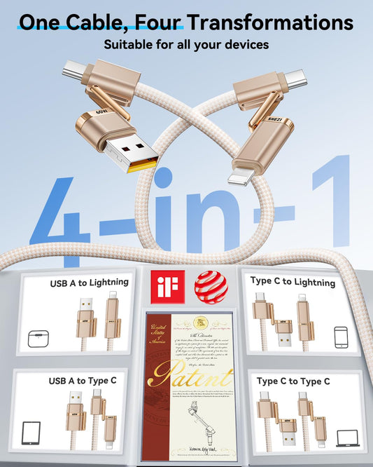 SHEZI 4-in-1 Compatible with USB C to Lightning Cable 60W Fast Charging &Data Transfer, Support to CarPlay & Android Auto,5FT Multi Cords Charger Combo for iPhone/iPad/Samsung/MacBook Cable, Titanium