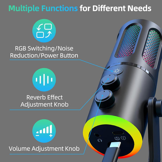 Wireles USB Condenser Microphone for PC Laptop - Studio Sound Gaming Mic for Podcast Streaming Asmr YouTube with Volume Control, Reverb Mode