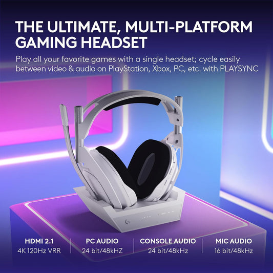 Logitech G Astro A50 X Omni-Platform Wireless Gaming Headset + Base Station for PS5, Xbox, PC: PLAYSYNC Video & Audio Switcher, HDMI 2.1 4K 120Hz VRR, <24 bit/48 kHz, 24hr Battery, 2.4GHz & BT - White