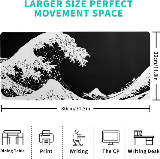 Japanese Sea Wave Large Mouse Pad, Abstract Black Gaming Mousepad, Extended Kanagawa Mat Desk Pad, 3mm Thick Long Non-Slip Rubber Base Mice Pad for Office and Home, 31.5x11.8 Inch