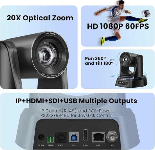 PTZ Camera 20X Optical Zoom HDMI IP Live Streaming SDI USB3.0 1080P 60fps PoE Supports for Church Services Worship Education Video Conference with OBS vMix Wirecast Zoom YouTube and More
