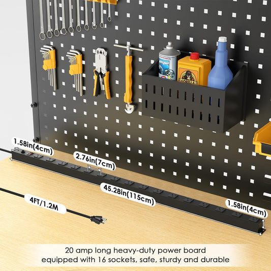 JUNNUJ Long Metal 16 Outlet Power Strip, Heavy Duty Power Strips Surge Protection 4800J with Circuit Breaker, 20a Wide Spaced Socket Wall Mount 5-15P Adapter High Amp 6-20R T-Slot 4FT Extension Cord