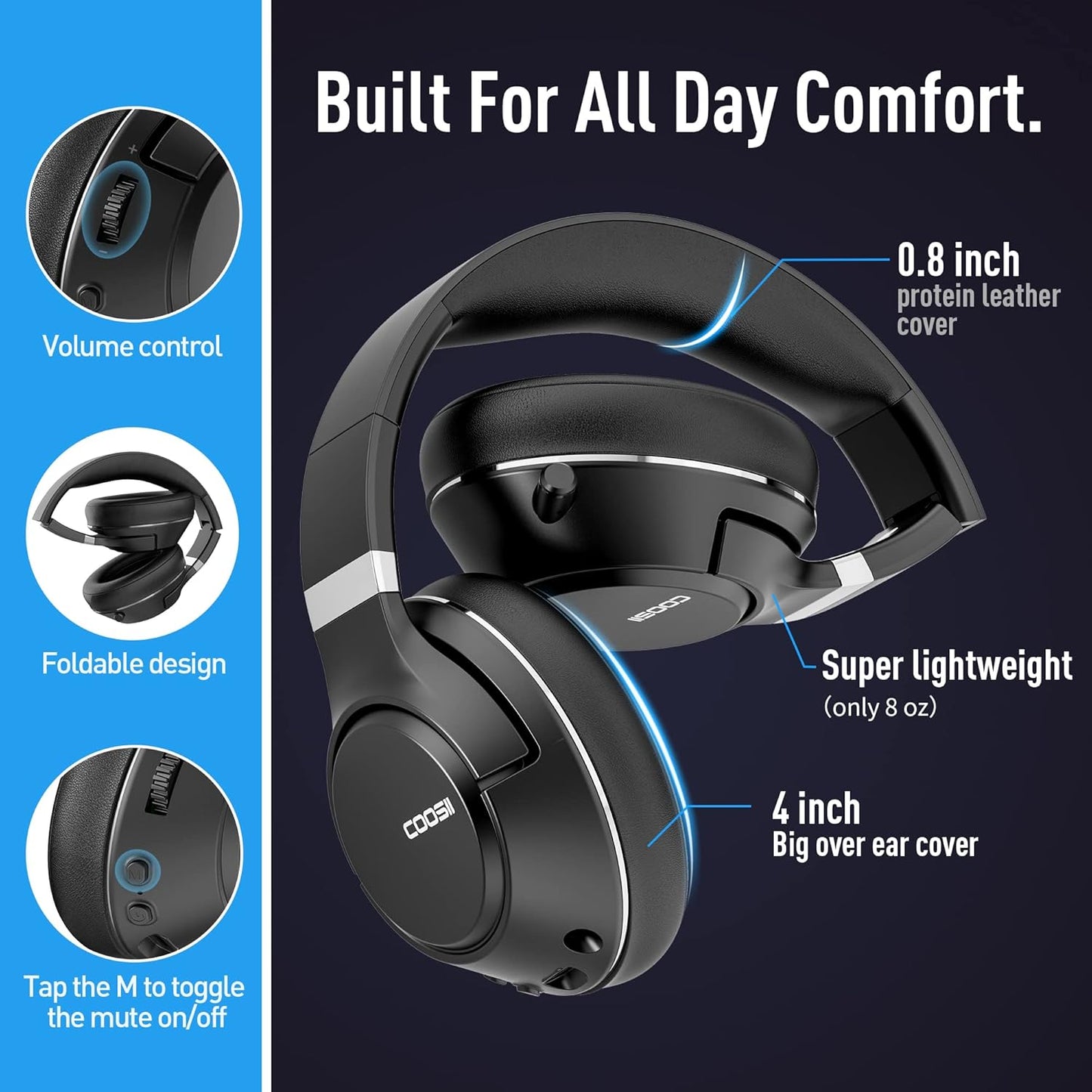 Wireless Bluetooth Headsets with Microphone for Computer, Headphone Foldable Over Ear Soft 40H with Retractable Mic, USB Dongle for PS5 PS4 PC Cellphone Laptop