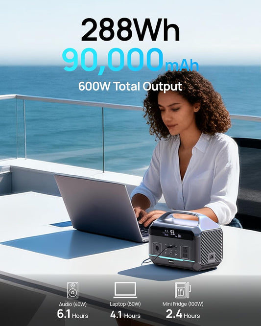 DaranEner Portable Power Station, Outdoor 288Wh(90,000mAh) LiFePO4 Battery, 600W(1200W Surge) AC Outlets, 1.7H Fast Charging Solar Generator for Camping, RV Travel, Home Use(Solar Optional)