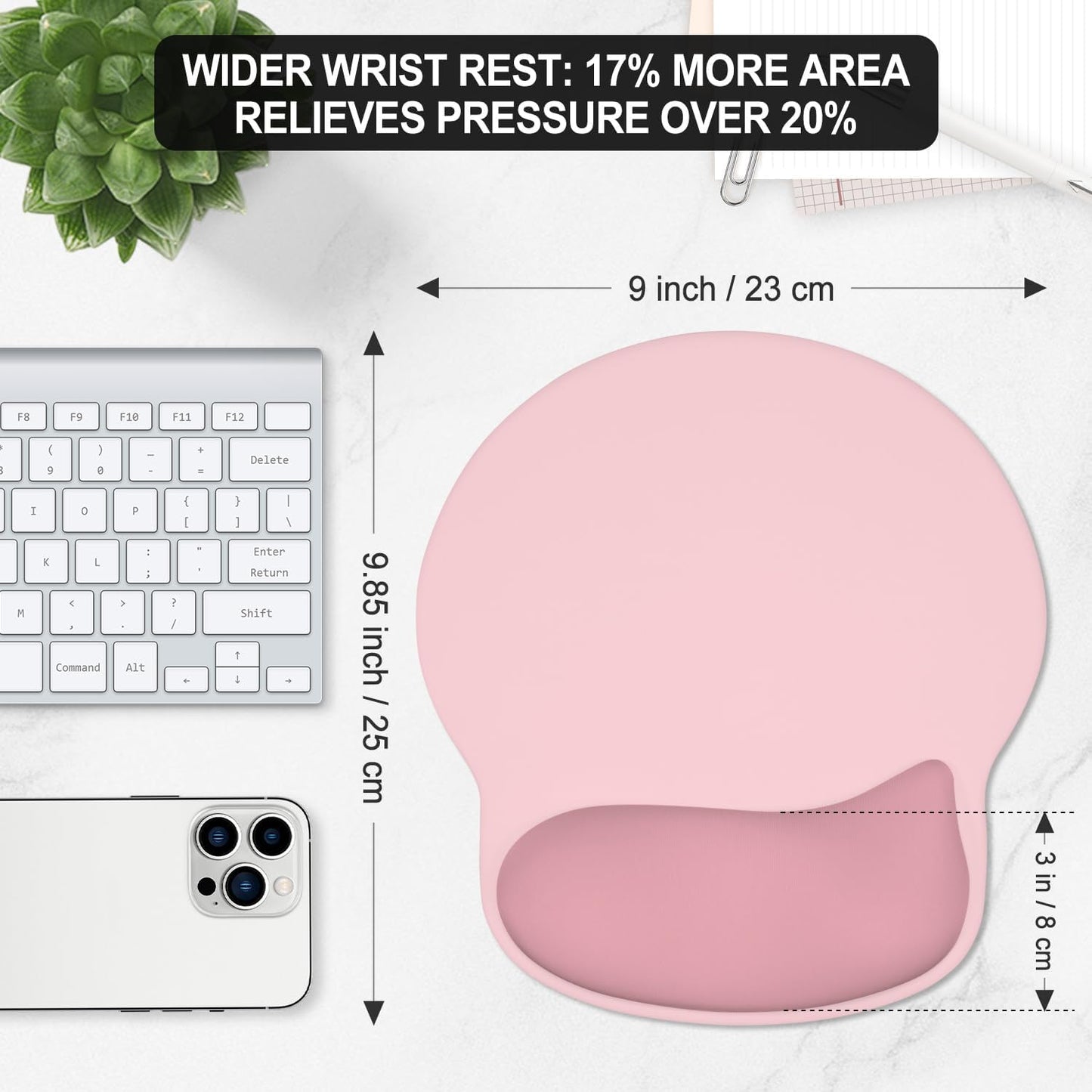 ITNRSIIET Ergonomic Mouse Pad with Wider Memory Foam Wrist Rest +17% - Curved Cushion Reduces Pressure 20%, Pain Relief, Non-Slip, Smooth, Cute Colors, 9.85 x 9 in, Pink Accent