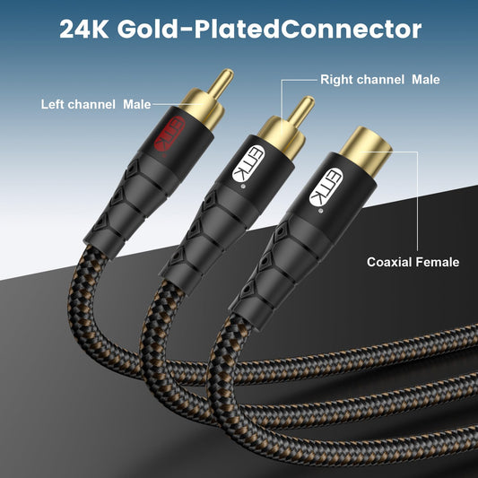 EMK RCA Splitter 2 Male to Female Extension Cable Dual Shielding Gold Plated Nylon Braided RCA Splitter 1 Female to 2 Male Cord Adapter Black/1ft/30CM
