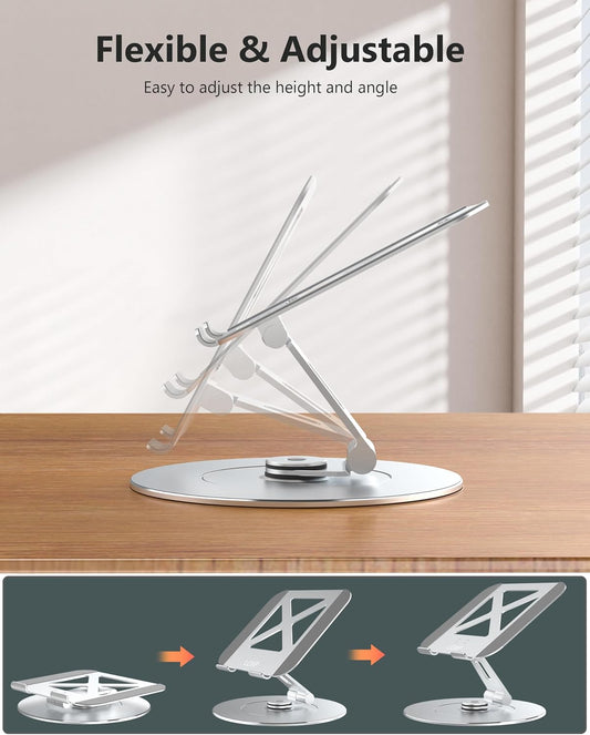 Ultra-Stable Swivel Laptop Stand for Desk with 360 Rotating Larger Base, Aluminum Anti-Loosening Structure, Height Adjustable Laptop Stand, Fits 10"-17.3" Laptops,Silver