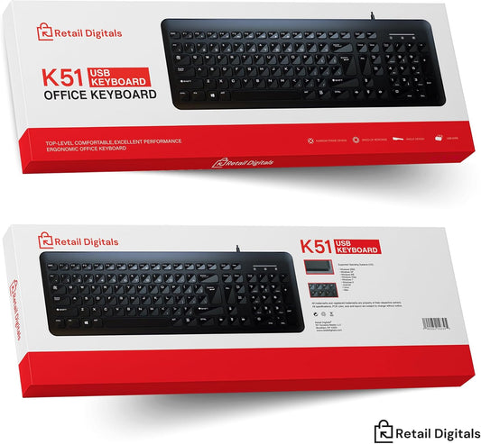 Wired USB Keyboard | Full-Sized | Ergonomic | Soft Typing | QWERTY Layout | Black