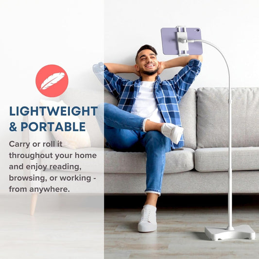 LEVO Adjustable Height Floor Stand for Tablet & Phone - Gooseneck Holder Mount with Stable Base - Compatible with All Cell Phones & Tablets (4-13 inch) - White