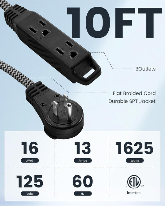 SURAIELEC 10FT 360° Rotating Flat Plug Extension Cord Flat Wall Plug with 3 Outlets, Braided Flat Black Extension Cord for Indoor Use, Small Space, 16/3C SPT, ETL Listed