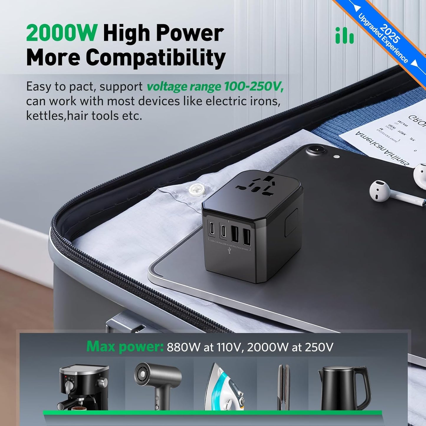 Universal Travel Adapter International Plug - European Travel Plug Adapter Worldwide US AUS EU UK Spain Germany Ireland Italy - All-in-one Travel Outlet Power Adapter with 3 USB C 2 USB A