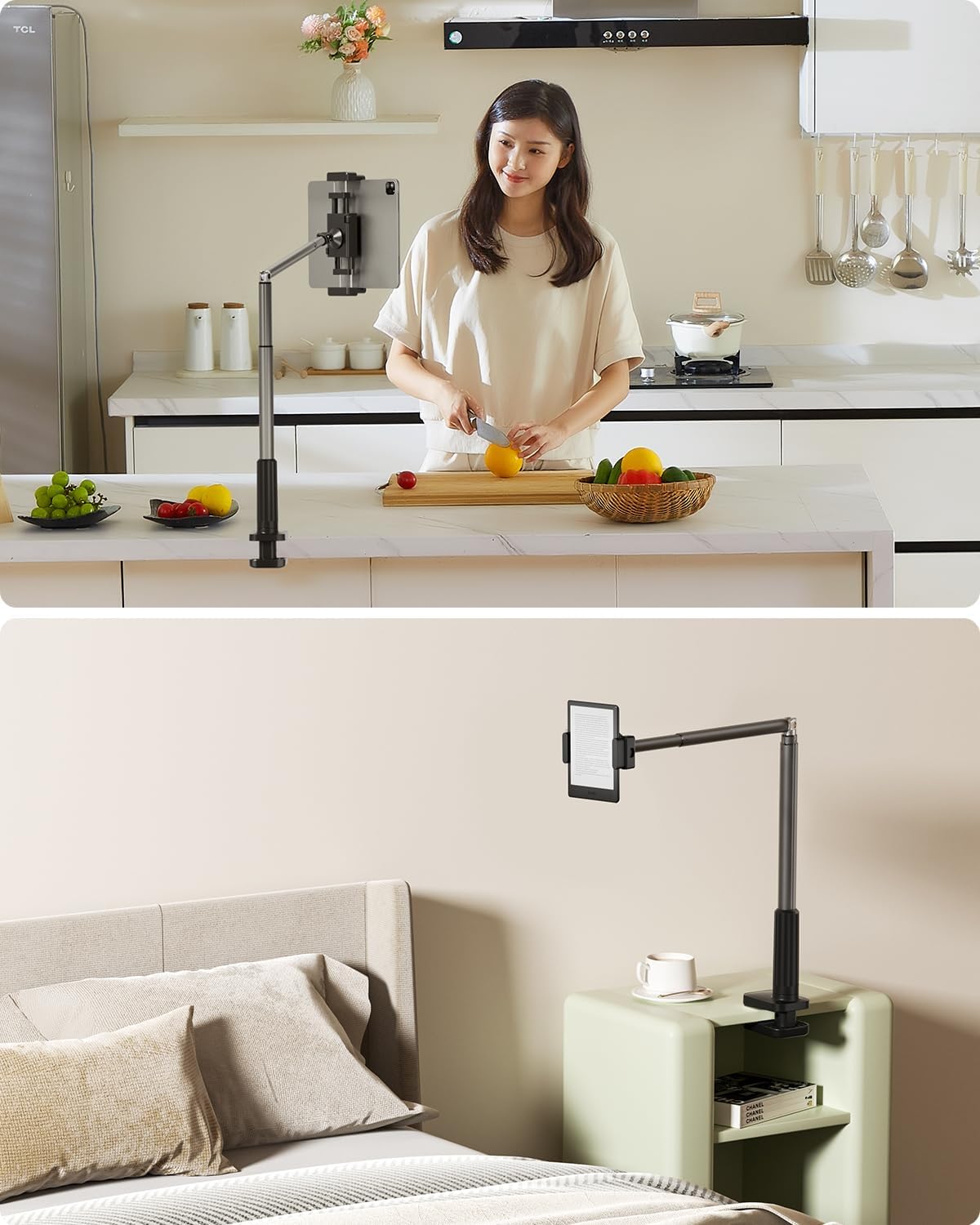 Phone Holder for Bed, 360° Rotation Cell Phone Stand, Flexible Long Arm Headboard Bedside Clip, Multi-Functional Overhead Phone Mount for 3.5-11" Phones, Tablets, Kindle, Black