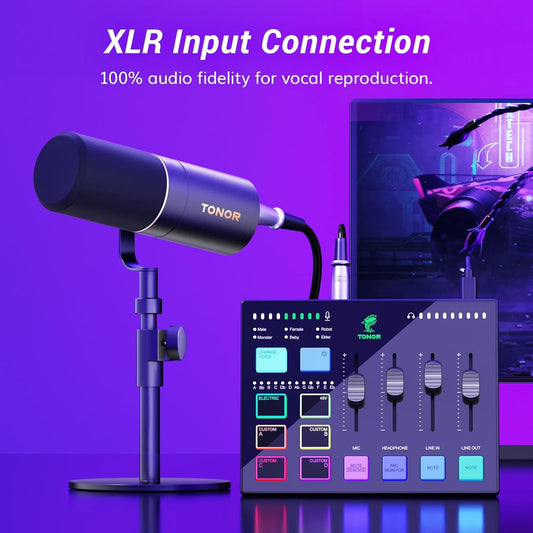 TONOR Audio Interface and Microphone Set, Podcast Equipment Bundle, USB Audio Mixer with RGB, XLR Dynamic Microphone with Studio Sound Quality, Complete Package for Content Creating, Gaming, Streaming