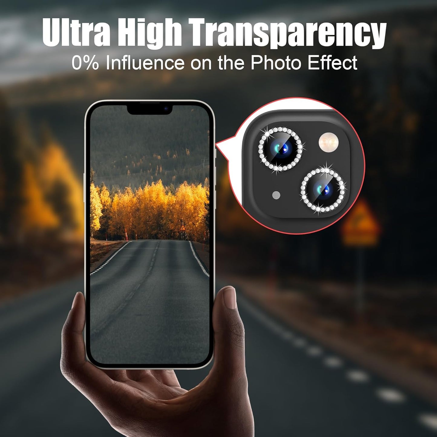 AGVEE 3+3 6 Pack for iPhone 15/15 Plus, Bling Diamond & Glitter Metal Ring 9H Tempered HD Glass Camera Protector Cover Film