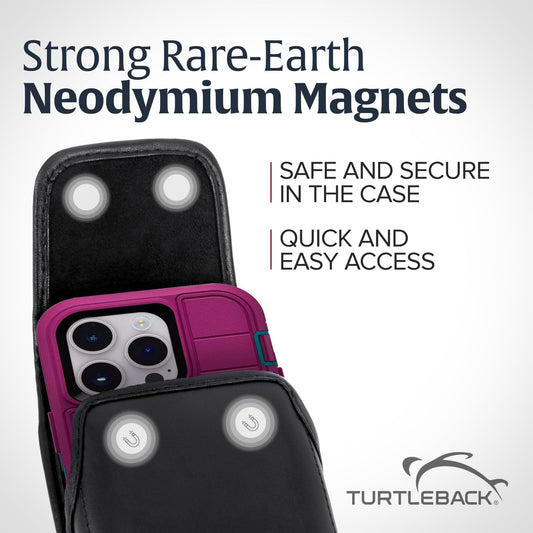 Turtleback Belt Holder for iPhone 16 Pro Max, 15 Pro Max, 14 Pro Max -Large- Fits w/Defender Bulky Style Cases, Premium Black Leather Vertical Holster, Magnetic Closure Leather Wrapped Clip