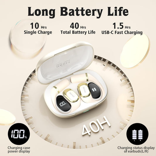 OHAYO Open Ear Headphones,Earbuds with Ergonomic Earhook,Bluetooth Headphones 5.4 with Smart Digital Display,40H Playtime,IPX6 Waterproof,Touch Control Earphones Fit Cycling,Running,Workout(Beige)