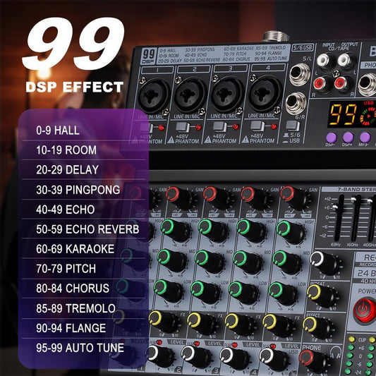 BOMGE 06A Professional 6 Channel DJ Audio Mixer, DJ Controller Sound Mixer with 99 DSP Effects,7-band EQ Independent 48V Bluetooth USB Interface Recording for Studio Stage Party Home Recording