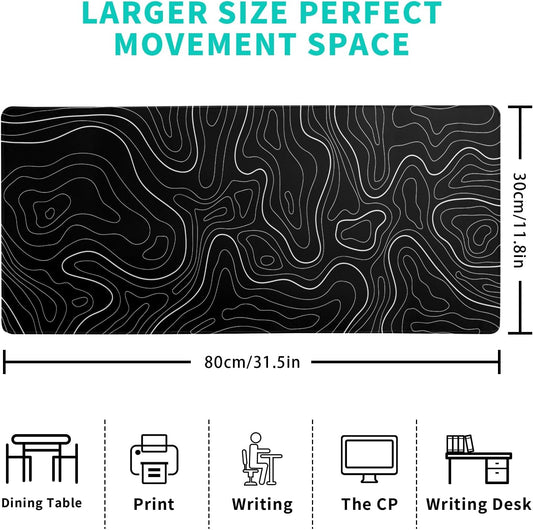 Topographic Contour Black Gaming Mouse Pad XL Geographic Map Lines Extended Big Large Desk Mat Non-Slip Rubber Base Stitched Edge Long Keyboard Mousepad for PC Computer Laptop,31.5x11.8 Inch