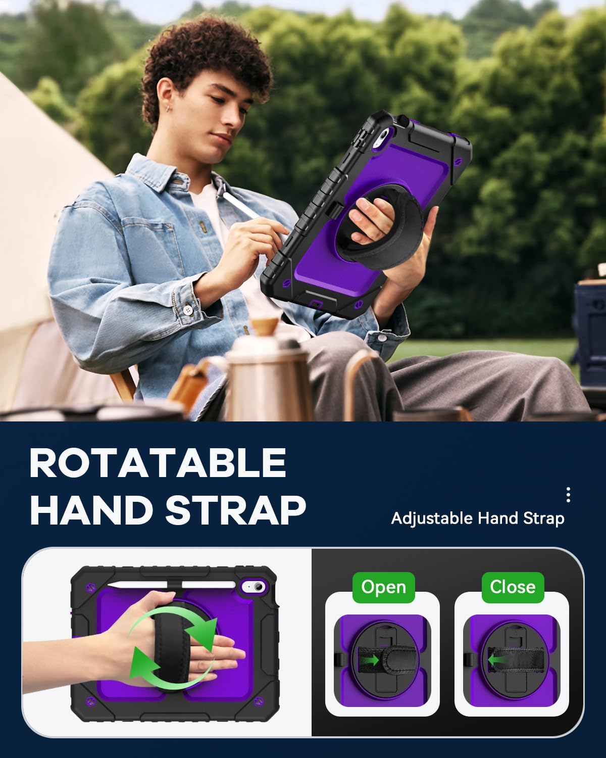 Cantis Case for iPad 11-inch (A16) 2025/ iPad 10th Generation 2022 (10.9 inch) with Screen Protector, iPad 11th Case with 360 Degree Rotating Stand/Shoulder Strap/Pencil Holder, Black+Dark Purple