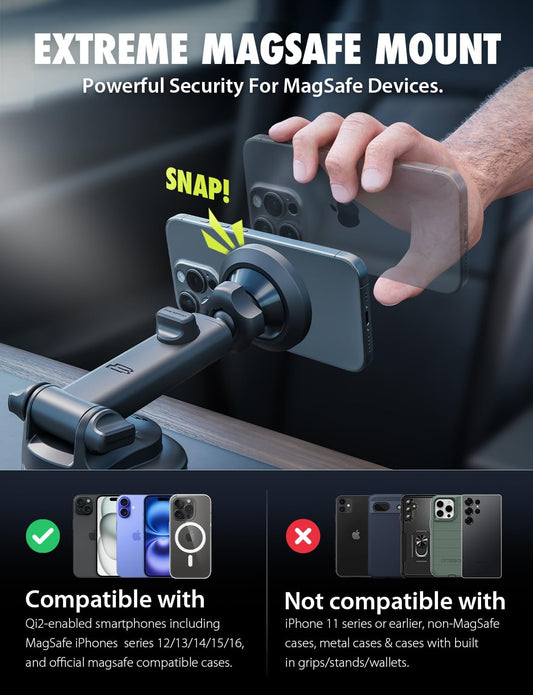 Bracketron MagSafe Car Mount,MagAlign Pro Extend Magnetic Phone Holder for Car Windshield & Dashboard & Vent,360° Vacuum Suction Cup Phone Mount for iPhone 16 Pro Max 15 14 13 12,Car Accessories.