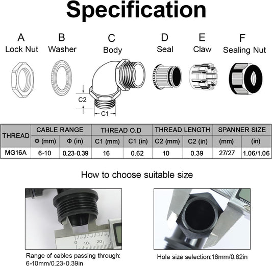 LeMotech M16 Cable Gland, 90 Degree Adjustable 6-10mm Strain Relief, Cord Connectors Nylon Joints with Gaskets, 6 Pcs, Black