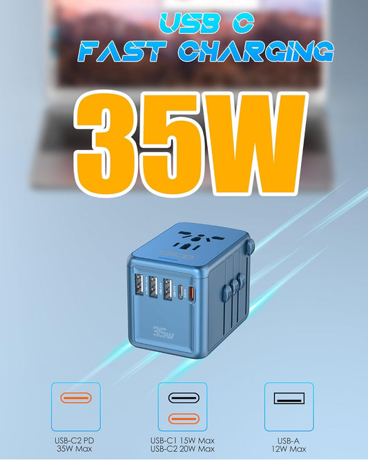 35W PD Universal Travel Adapter Fast Charging Offers 3X2.4A USB-A Ports, 2X USB-C Ports and Multi AC Outlet, International Plug Converter Worldwide Travel Charger All in One for EU US UK AUS