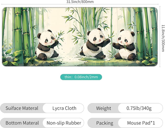 Dynippy Thin Extended Gaming Mouse Pad (31.5 * 11.8 * 0.08 inch) with Stitched Edges Large Mousepad Long XXL Keyboard and Mouse pad Desk Mat for Gaming Office & Home - Cute Panda